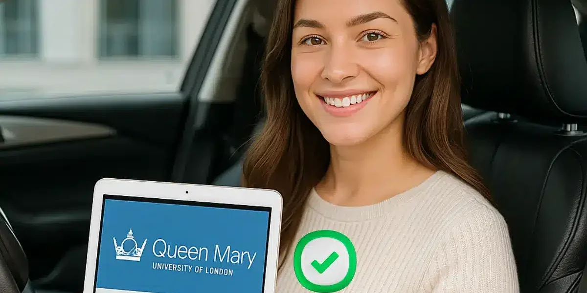 Chica universitaria sonriente dentro de su auto mostrando un iPad con información de la Universidad Queen Mary sobre la cantidad de gérmenes en volantes, destacando la importancia de la limpieza con agua ozonizada.
