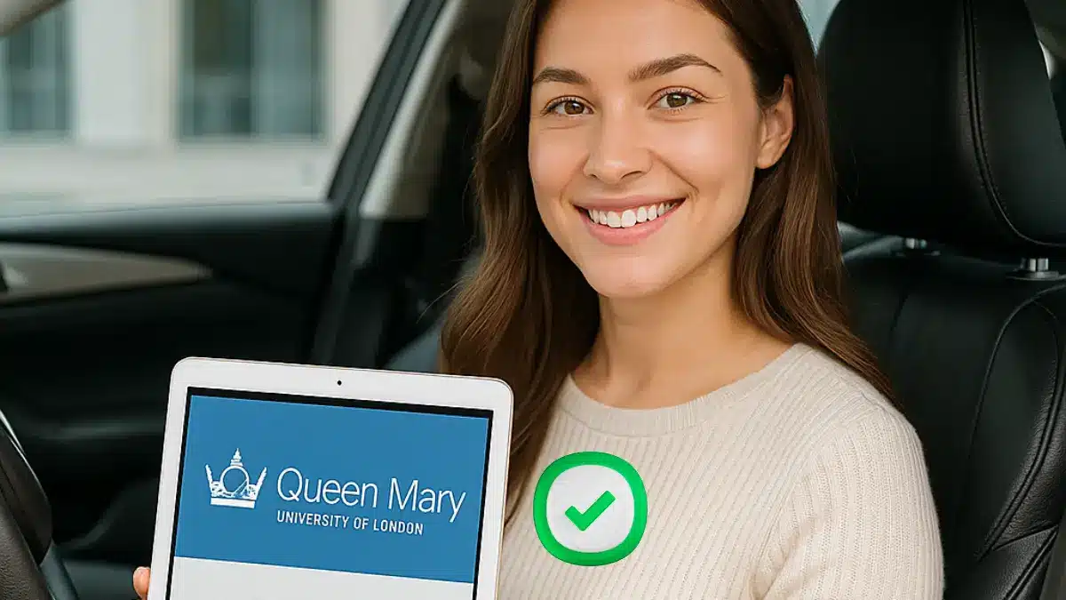 Chica universitaria sonriente dentro de su auto mostrando un iPad con información de la Universidad Queen Mary sobre la cantidad de gérmenes en volantes, destacando la importancia de la limpieza con agua ozonizada.