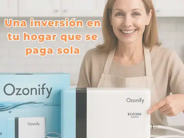 Mujer sonriente en cocina moderna junto al generador de agua ozonizada Ozonify, señalando el equipo instalado en la mesada.