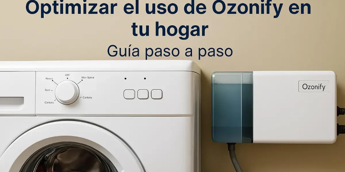 Generador de agua ozonizada Ozonify conectado a un lavarropas, mostrando instalación sencilla y beneficios para lavado sin detergente.