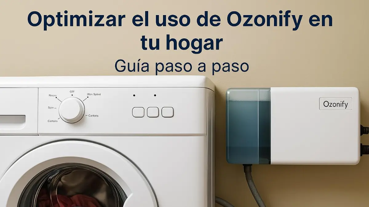 Generador de agua ozonizada Ozonify conectado a un lavarropas, mostrando instalación sencilla y beneficios para lavado sin detergente.