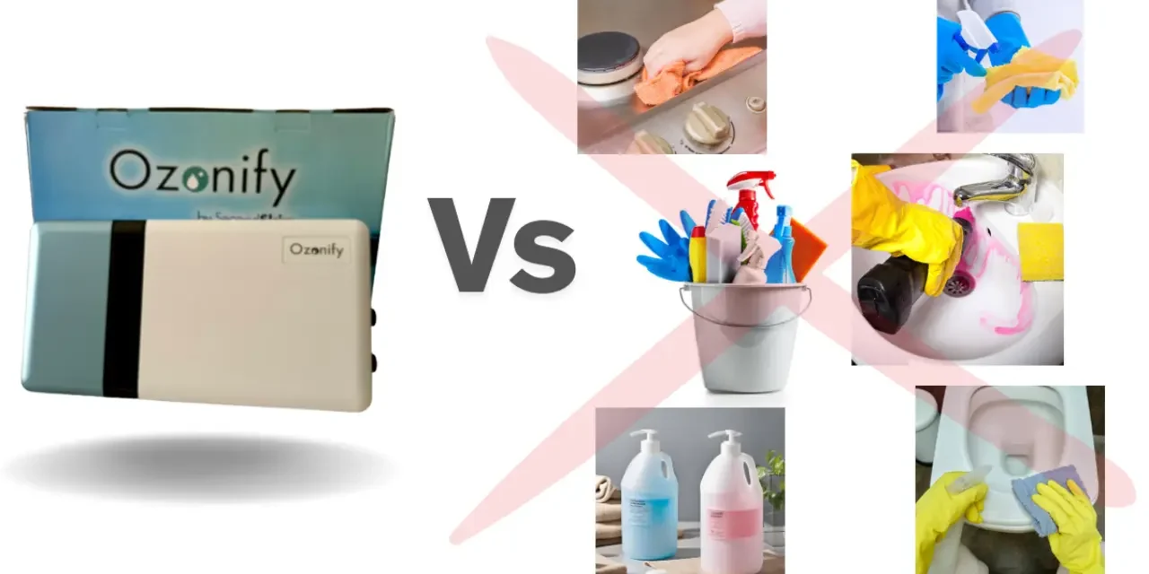 Comparación entre productos químicos tradicionales y el sistema Ozonify para limpieza del hogar