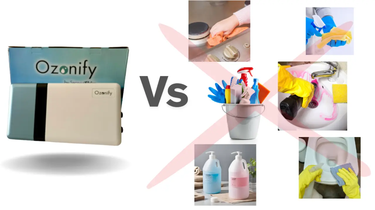 Comparación entre productos químicos tradicionales y el sistema Ozonify para limpieza del hogar