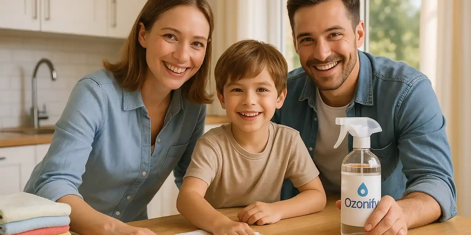 Familia feliz en su hogar mostrando un envase con agua ozonizada obtenida del generador de agua ozonizada Ozonify.