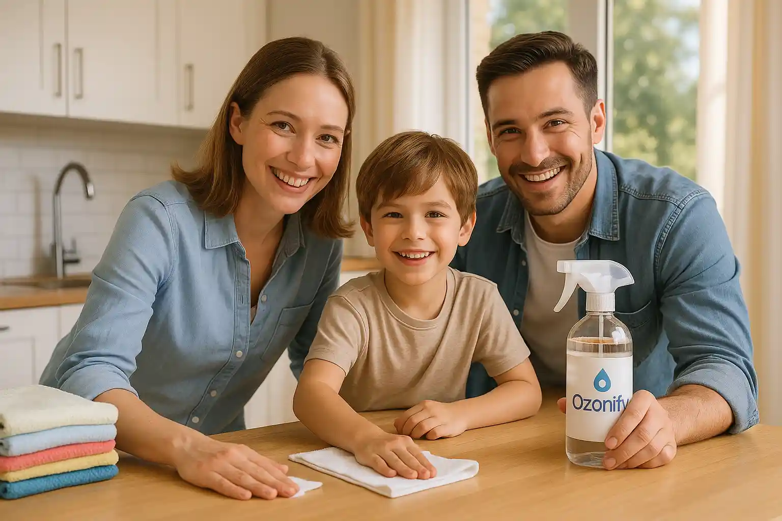 Familia feliz en su hogar mostrando un envase con agua ozonizada obtenida del generador de agua ozonizada Ozonify.