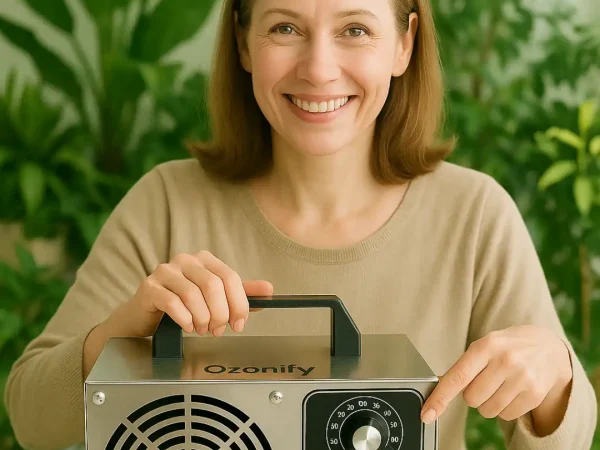 Mujer sonriente al aire libre junto al generador de ozono Ozonify O₃ para purificar el aire