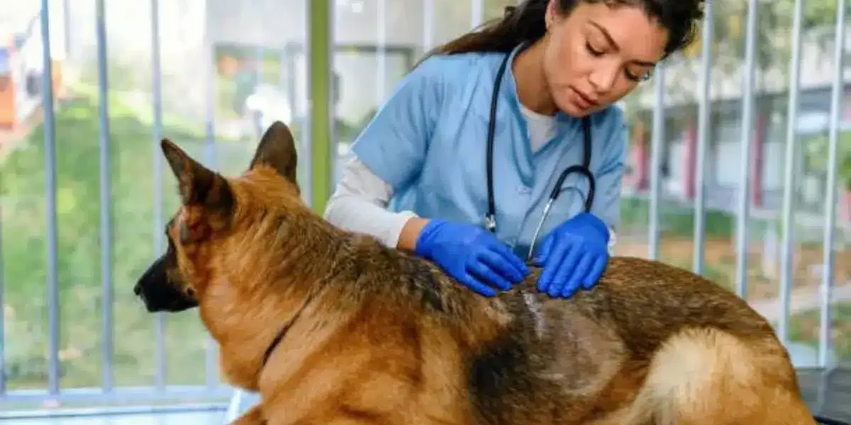 Veterinaria inspeccionando la piel de un perro para detectar alergias cutáneas, ilustrando la importancia del cuidado y tratamiento natural con agua ozonizada.