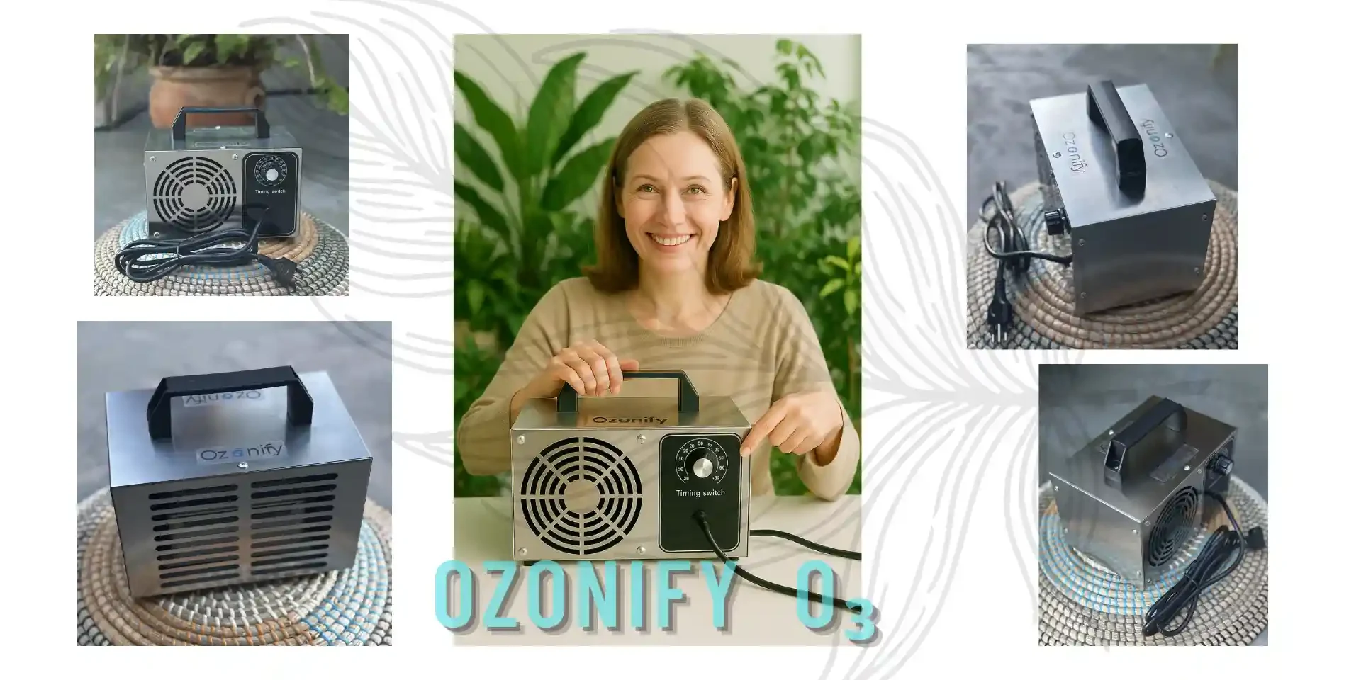 Mujer sonriente sosteniendo el equipo Ozonify O₃, generador de ozono para desinfectar aire en ambientes cerrados sin químicos.