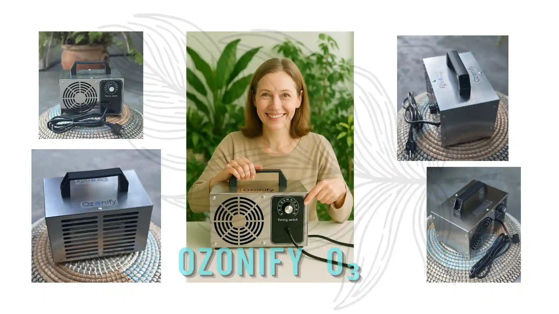 Mujer sonriente sosteniendo el equipo Ozonify O₃, generador de ozono para desinfectar aire en ambientes cerrados sin químicos.