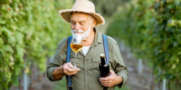 Hombre en viñedo evaluando vino con copa, como parte de un proceso de limpieza ecológica con ozono en bodegas