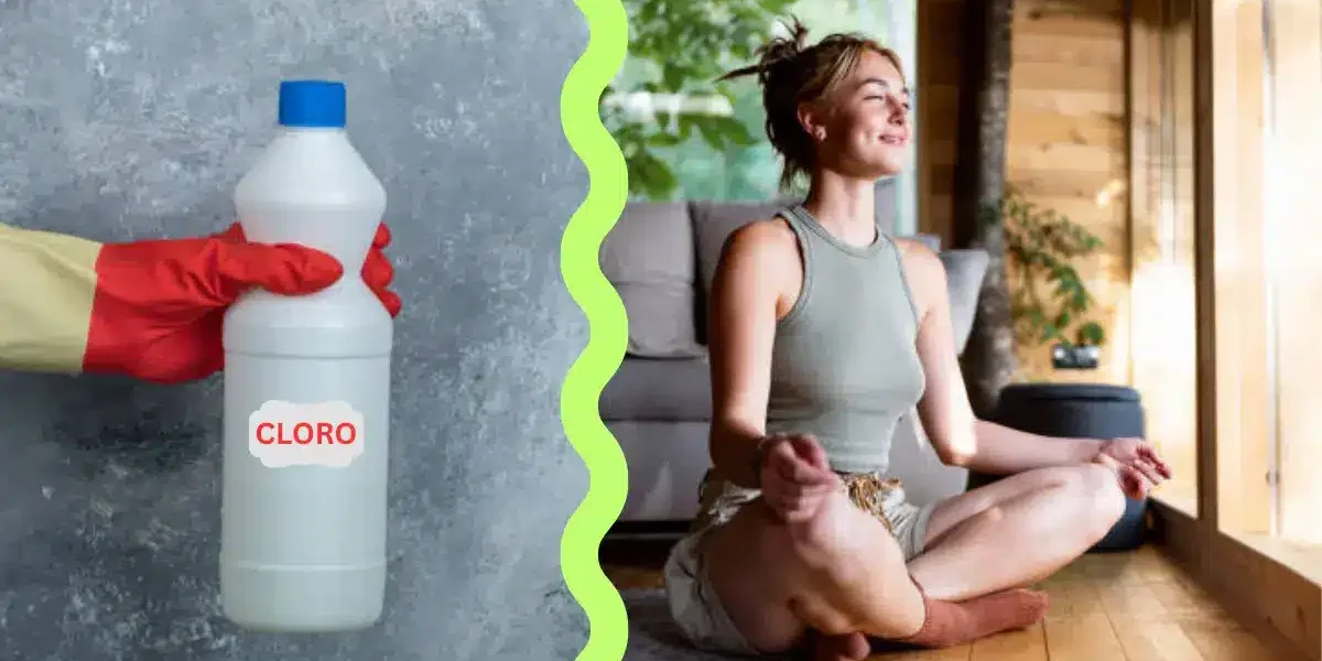 Comparativa visual entre limpieza con cloro y limpieza natural con agua ozonizada: a la izquierda, un envase de cloro; a la derecha, una mujer en posición de yoga respirando aire puro.