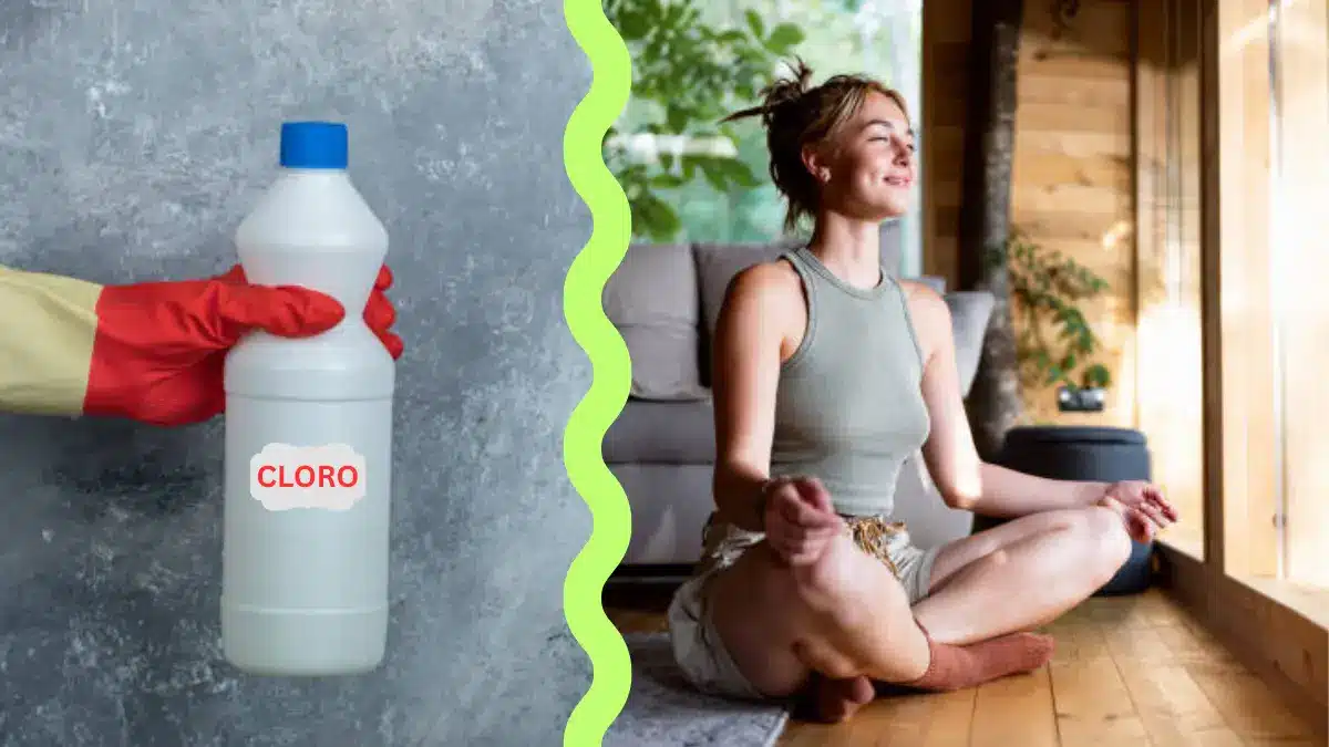 Comparativa visual entre limpieza con cloro y limpieza natural con agua ozonizada: a la izquierda, un envase de cloro; a la derecha, una mujer en posición de yoga respirando aire puro.