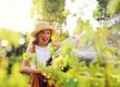 Niña feliz regando el jardín con agua ozonizada para cuidar plantas
