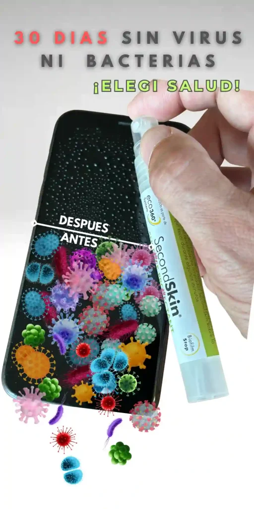 Celular dividido entre zona contaminada con bacterias y zona protegida con Biofilmstop