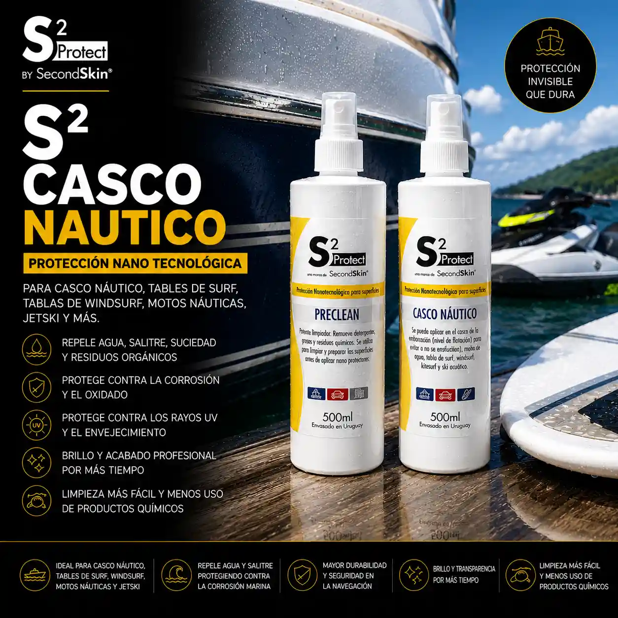 S2 Casco Náutico – Protección Nano Tecnológica | SecondSkin Uruguay S2 Casco Náutico de SecondSkin para casco de embarcaciones, motos de agua, tablas de surf y superficies náuticas.