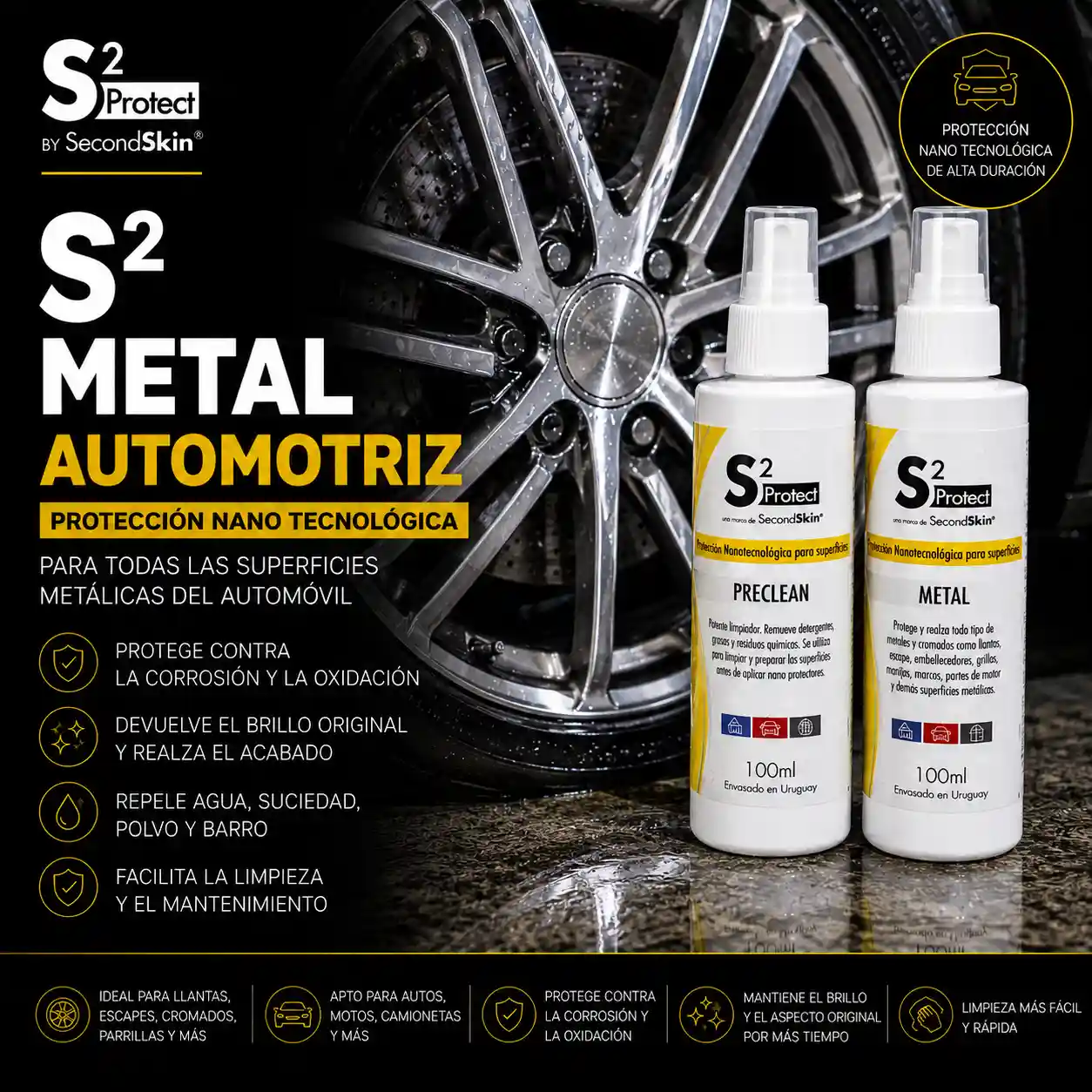 S2 Metal Automotriz – Protección Nano Tecnológica | SecondSkin Uruguay Kit S2 Metal Automotriz de SecondSkin con Preclean para llantas, cromados, escapes y superficies metálicas del automóvil.