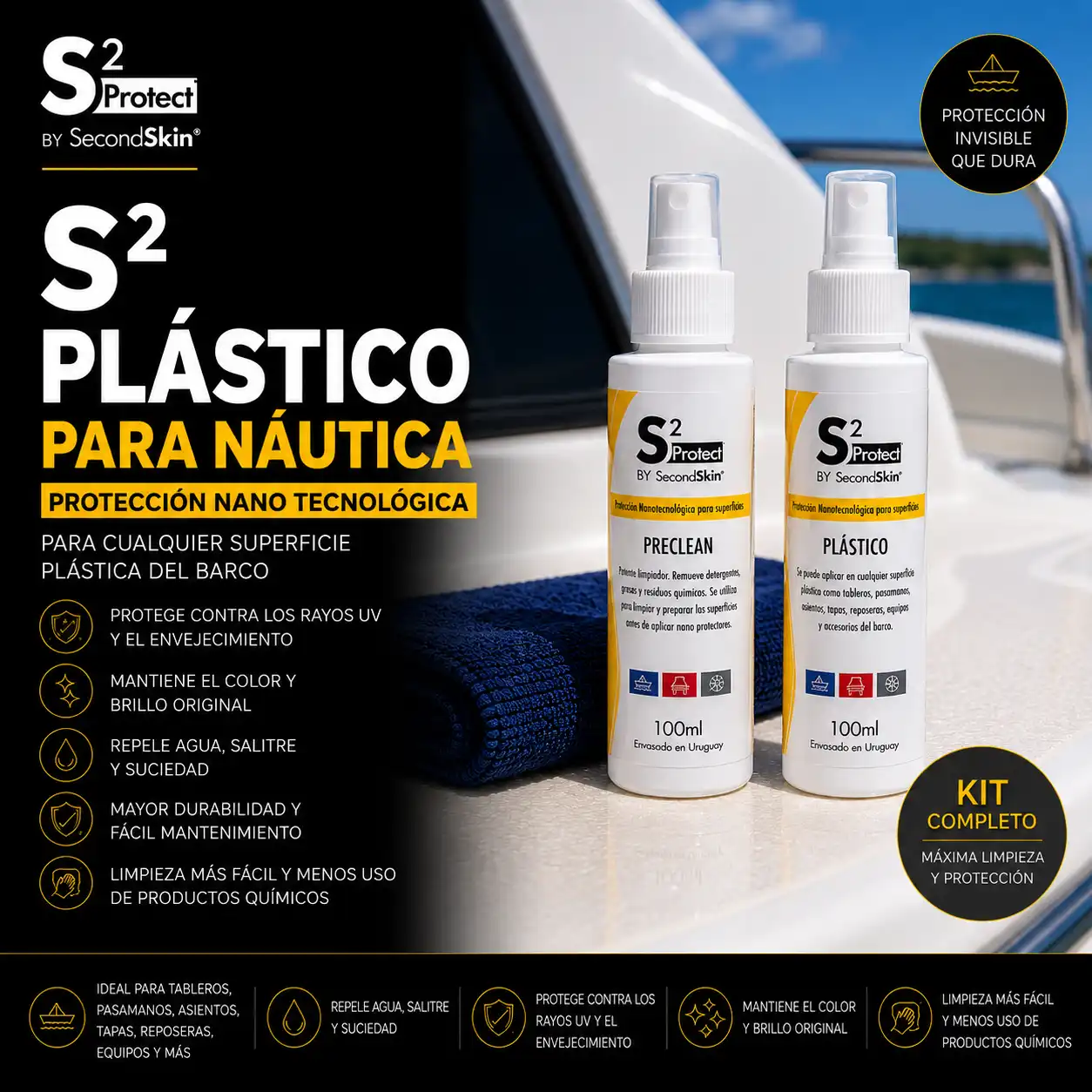 S2 Plástico Náutica – Protección Nano Tecnológica | SecondSkin Uruguay S2 Plástico Náutica de SecondSkin para plásticos, tapas, tableros, asientos y accesorios de embarcaciones.