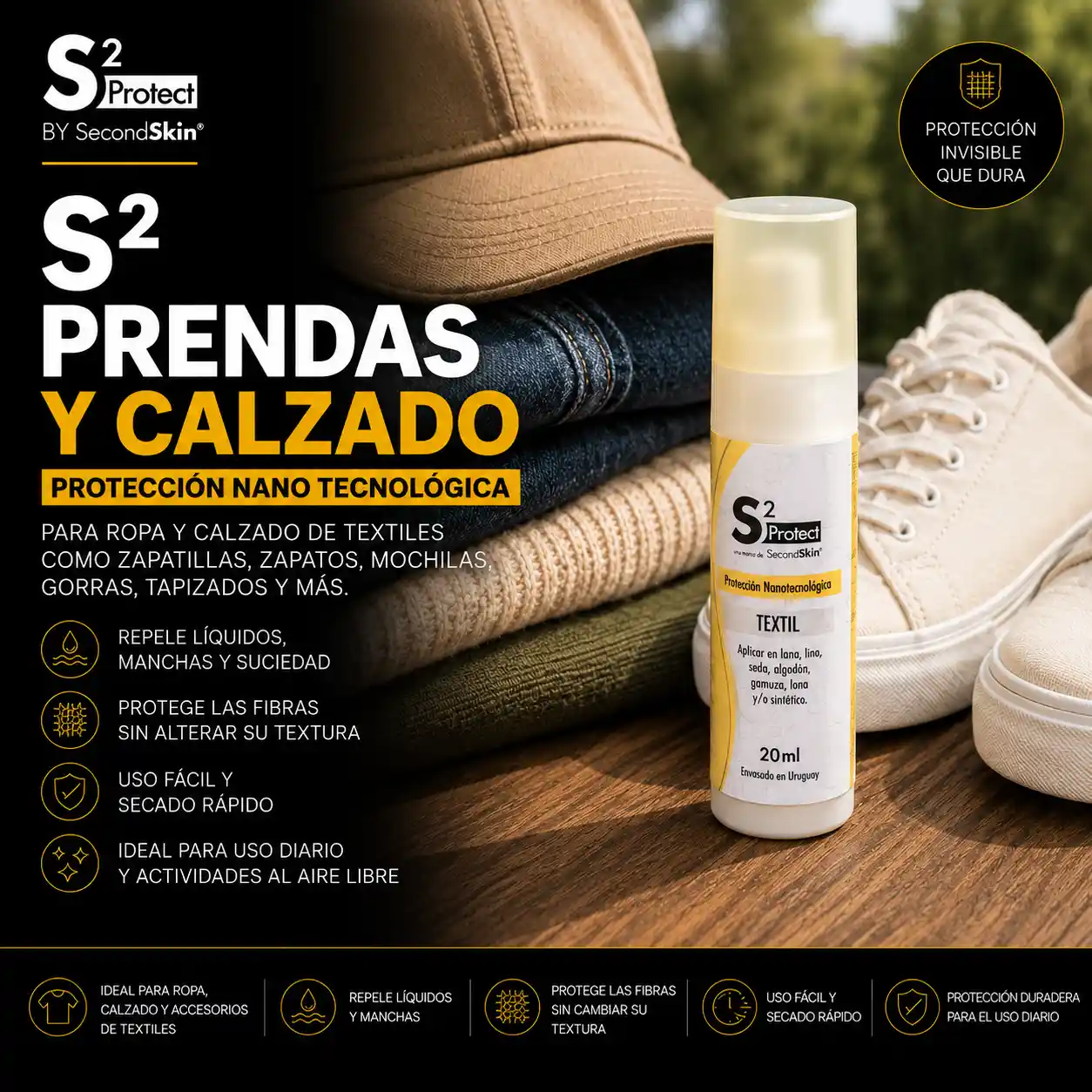 S2 Prendas y Calzado – Protección Nano Tecnológica | SecondSkin Uruguay S2 Prendas y Calzado de SecondSkin para ropa, zapatillas, zapatos, mochilas, gorras y accesorios textiles.