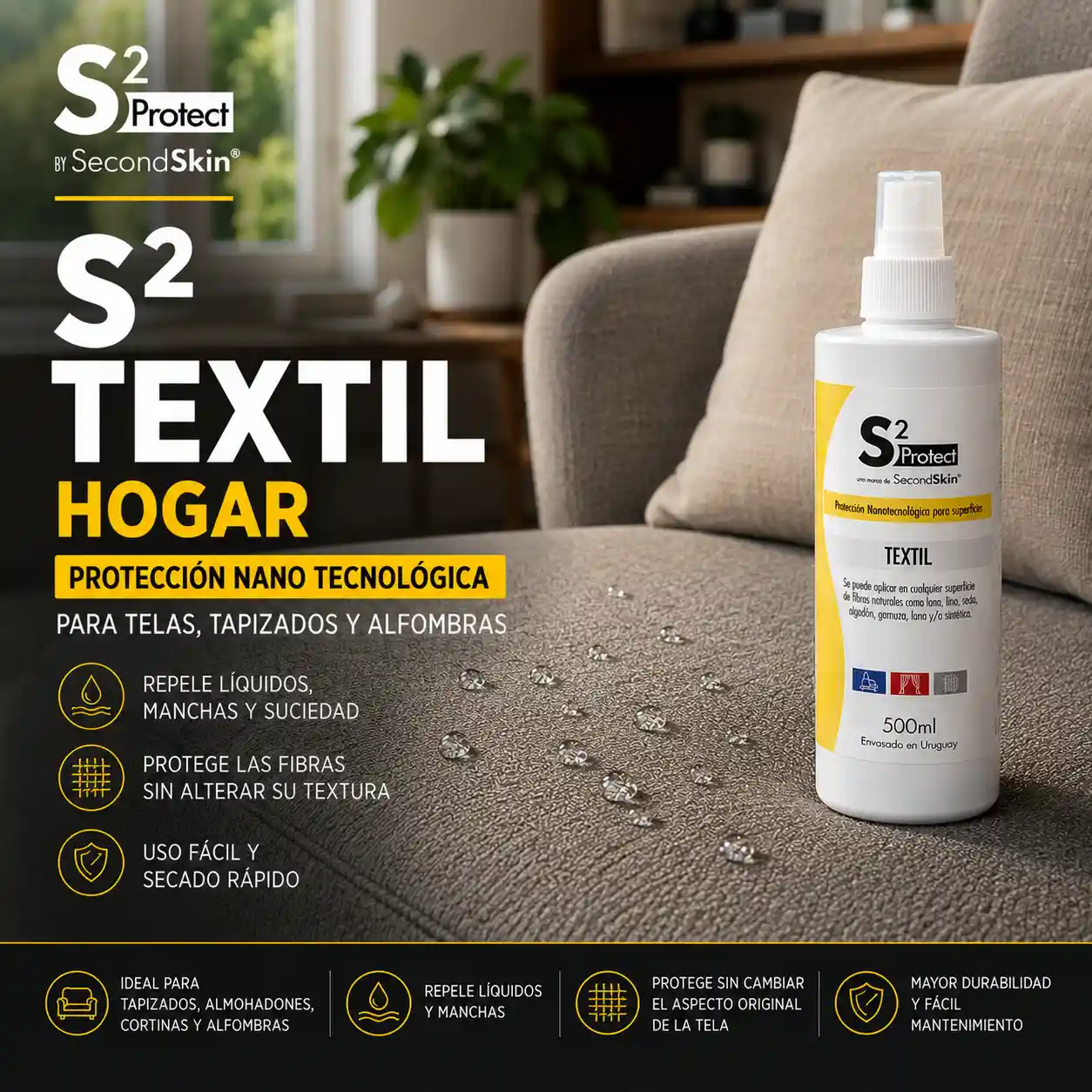 S2 Textil Hogar – Protección Nano Tecnológica | SecondSkin Uruguay Texto ALT Kit S2 Textil Hogar de SecondSkin con Preclean para sillones, sillas, alfombras, colchones y textiles del hogar.