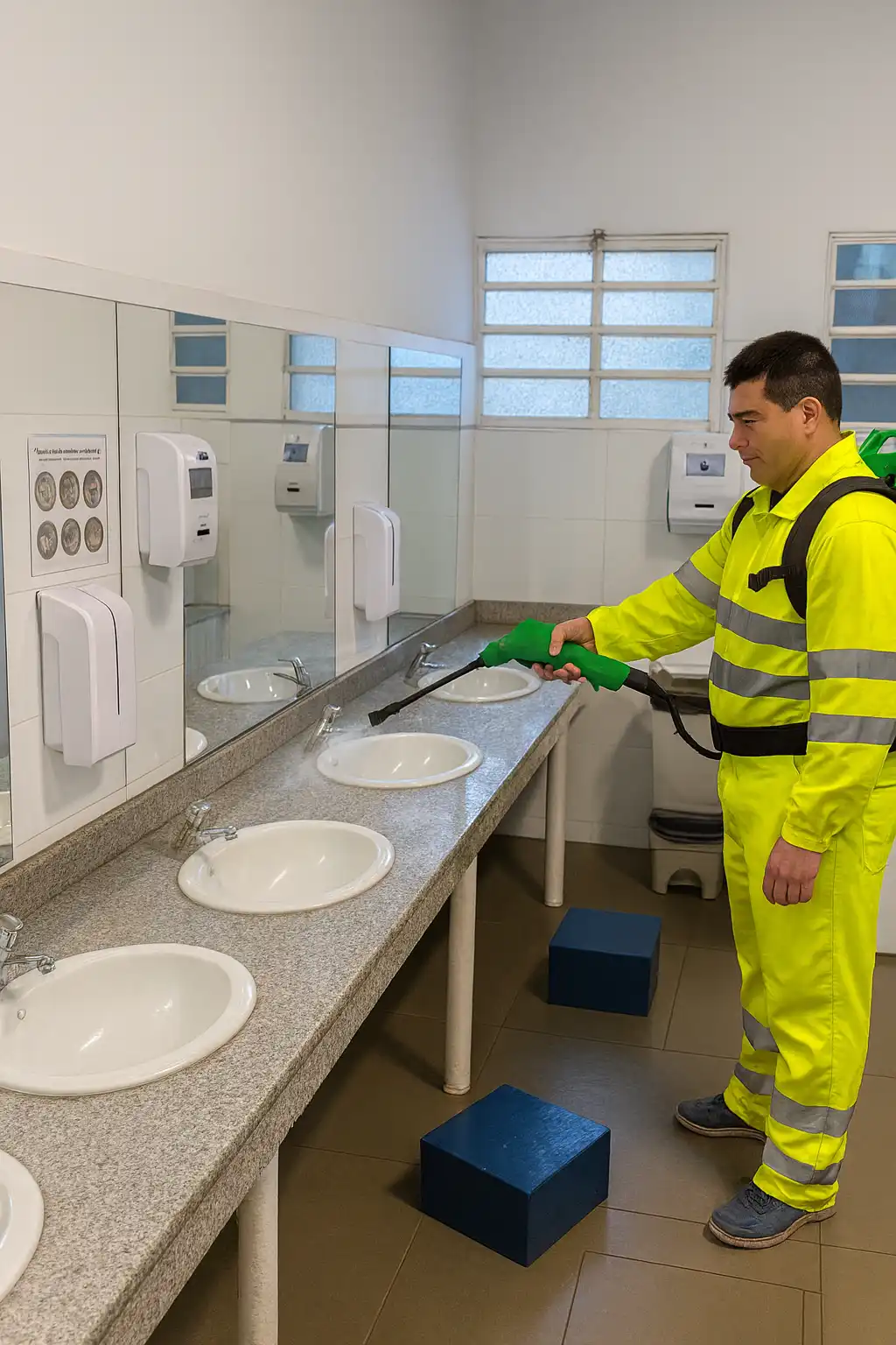 aplicacion-recubrimiento-antimicrobiano-bano-publico-secondskin Aplicación del recubrimiento antimicrobiano SecondSkin en un baño público con equipo electrostático profesional.