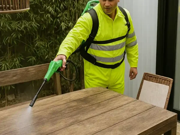 Operario aplicando recubrimiento antimicrobiano SecondSkin con equipo electrostático en una superficie exterior de madera.