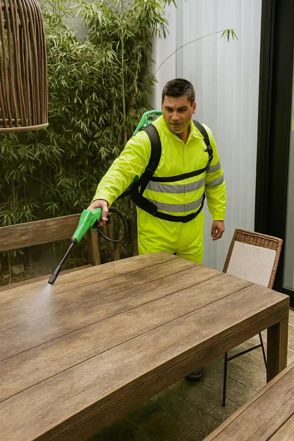 aplicacion-recubrimiento-antimicrobiano-exterior-secondskin Operario aplicando recubrimiento antimicrobiano SecondSkin con equipo electrostático en una superficie exterior de madera.