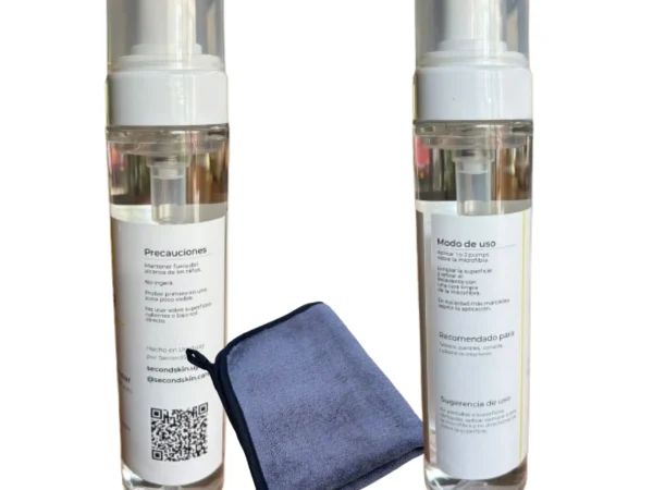 Kit Espuma Interior SecondSkin 250 ml con microfibra y vista lateral del envase