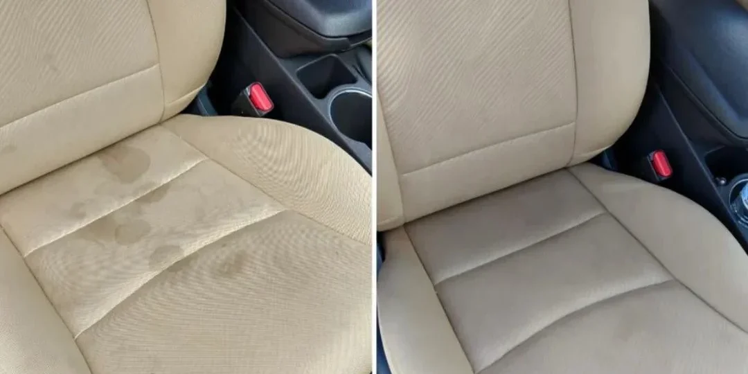 Antes y después de limpieza profesional de tapizados de auto en tela, asiento con manchas eliminado tras limpieza