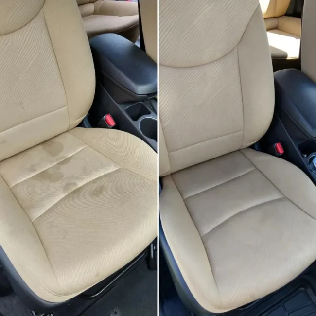 Antes y después de limpieza profesional de tapizados de auto en tela, asiento con manchas eliminado tras limpieza