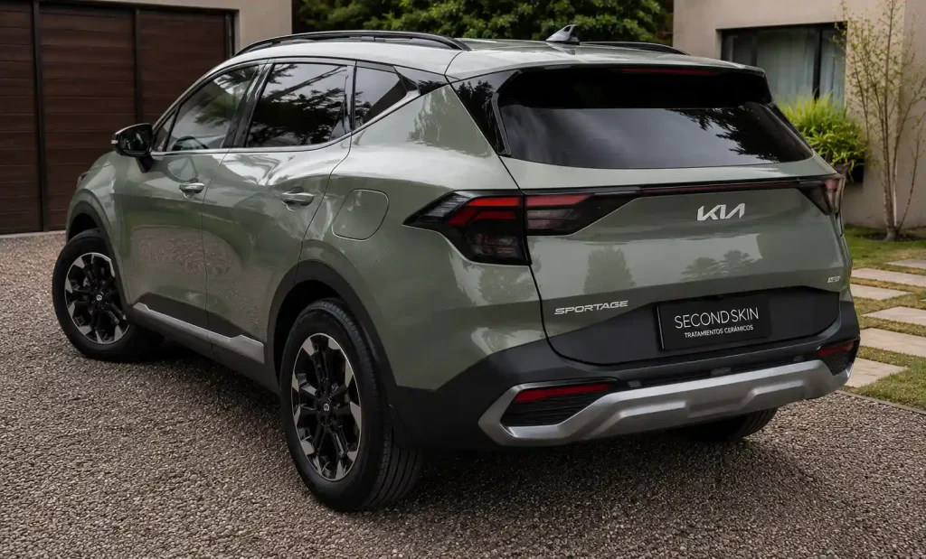 Vista lateral de Kia Sportage híbrida 2027 con protección cerámica sobre la pintura