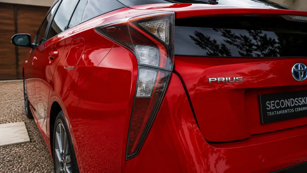 Detalle del brillo de la pintura roja del Toyota Prius con tratamiento cerámico Diamond