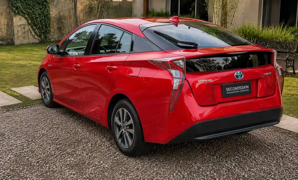 Vista lateral de Toyota Prius 2019 rojo con protección cerámica Diamond