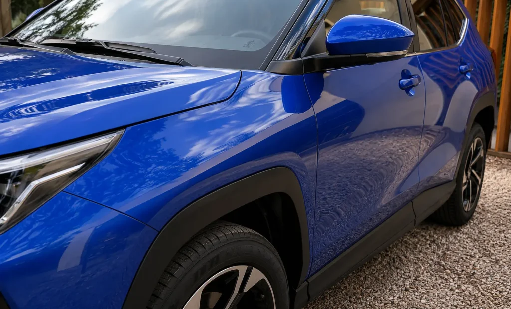 Detalle del brillo en la pintura azul de Toyota Yaris Cross con tratamiento cerámico