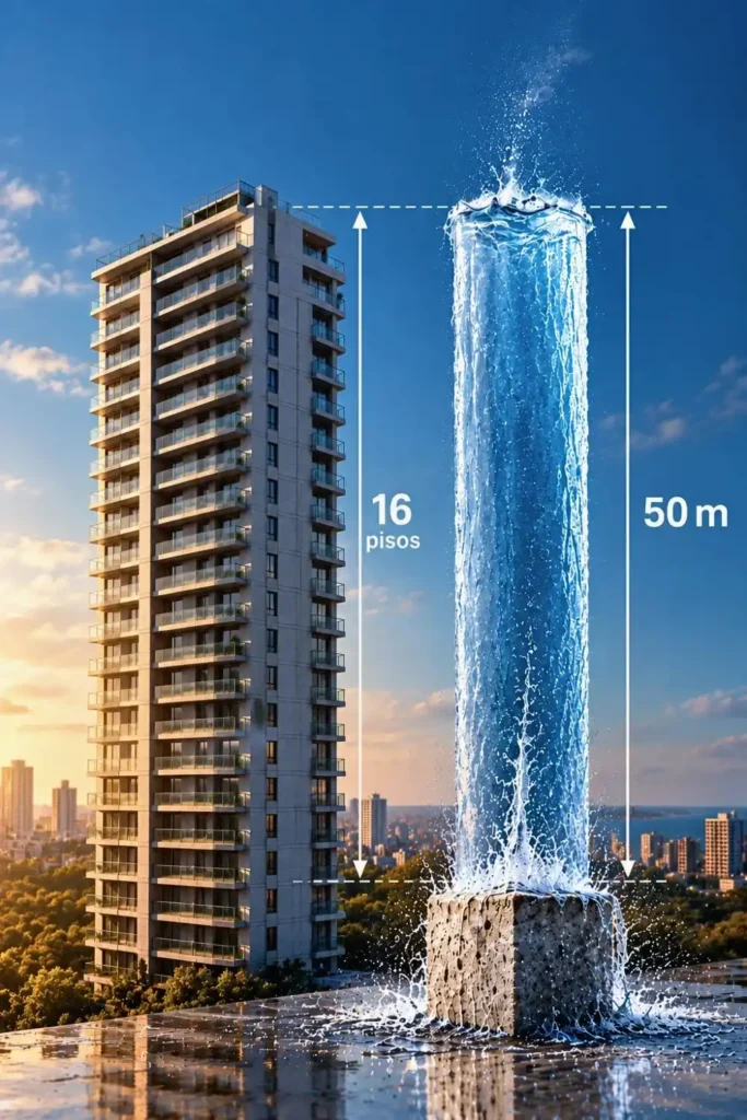 Ilustración de un edificio de aproximadamente 16 pisos junto a una columna de agua de 50 metros, cuya presión en la base equivale a unos 5 bar.