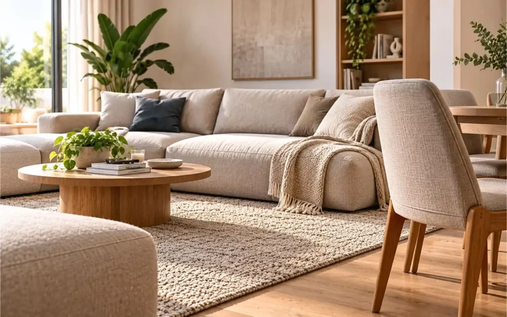 Living moderno con sillón de tela beige, sillas tapizadas y alfombra, superficies textiles compatibles con tratamientos protectores.