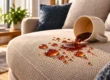 Café derramado sobre un sillón de tela beige con gotas que ilustran la protección nanotecnológica antimanchas.