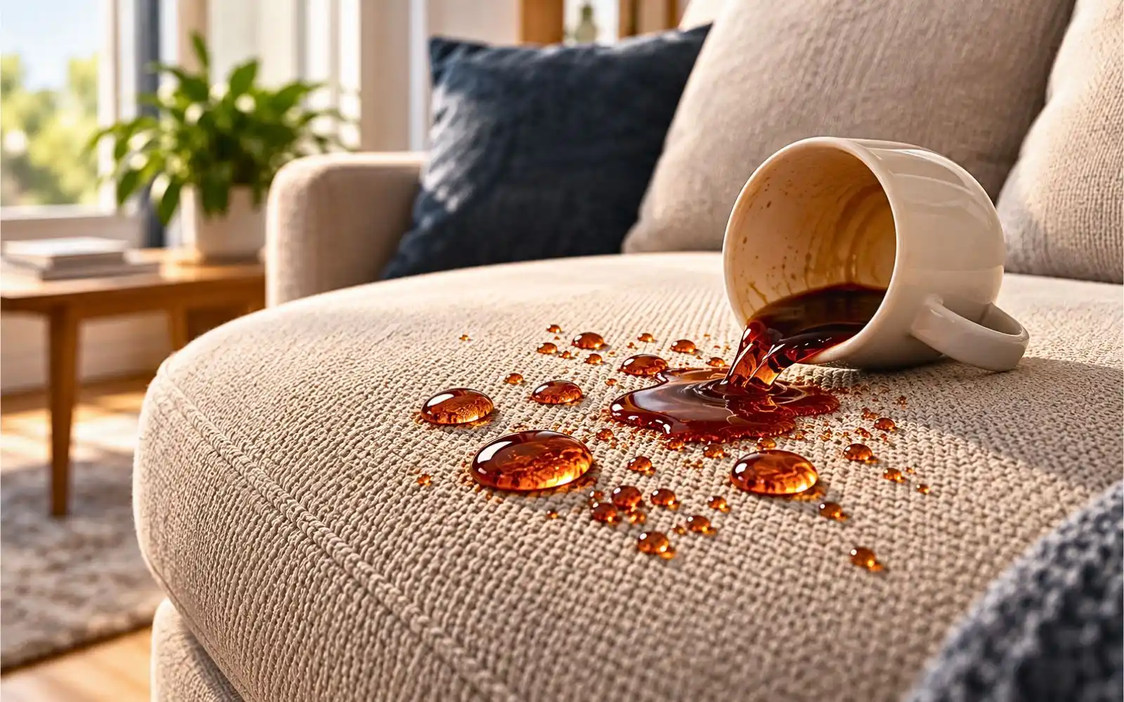 Café derramado sobre un sillón de tela beige con gotas que ilustran la protección nanotecnológica antimanchas.