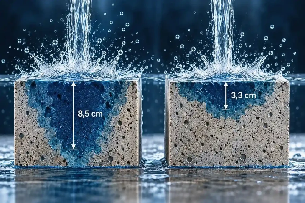 Comparación ilustrativa de dos bloques de hormigón: el agua penetró 8,5 cm en el bloque sin protección y 3,3 cm en el bloque tratado con nanotecnología.