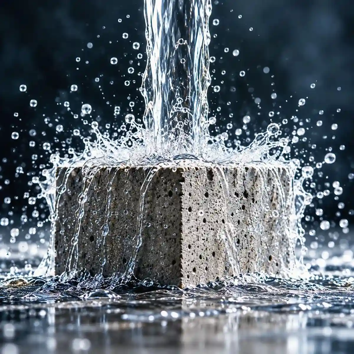 Protección del hormigón frente al agua | S2 Piedra SecondSkin Bloque de hormigón recibiendo un intenso chorro de agua, ilustrando la importancia de proteger las superficies porosas frente a la humedad