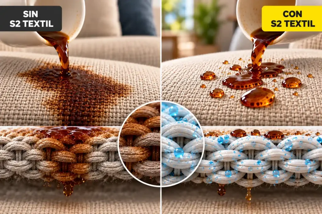 Comparación ilustrativa entre una tela sin protección y otra tratada con S2 Textil frente a un derrame de café.