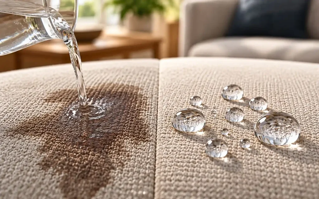 Comparación de una tela que absorbe agua con otra que forma gotas redondeadas gracias al efecto de una protección hidrofóbica.