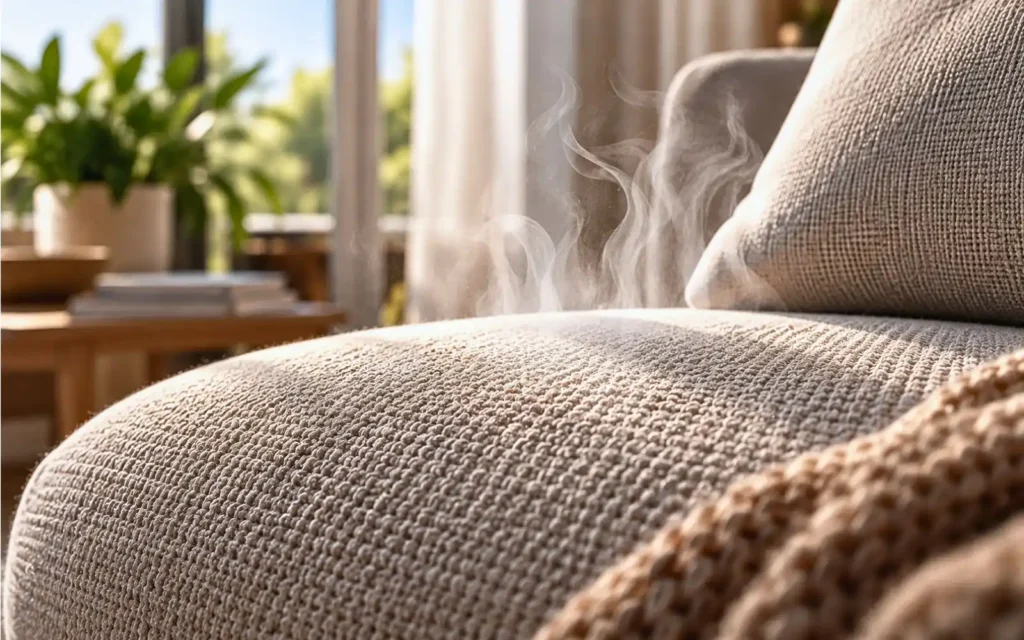Primer plano de un sillón de tela beige con vapor ilustrativo que representa la transpirabilidad del tejido.